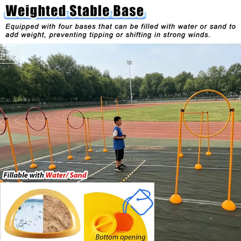 Weighted base for crash-proof drone trainer with sand and water fill options, outdoor obstacle course setup, secure and stable