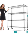 Heavy Duty 4 Tier Metal Storage Shelving Unit With Wheels For Garage Pantry Kitchen Basement Black, 62.6 in tall, 47.2 in wide