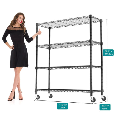 Heavy Duty 4 Tier Metal Storage Shelving Unit With Wheels For Garage Pantry Kitchen Basement Black, 62.6 in tall, 47.2 in wide