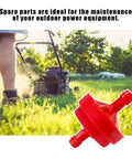 Red 4 Pack Inline Gas Fuel Filter for Lawn Mowers in foreground with lawn mower in background, 1/4 Inch, 150 Micron Replacement for OEM BS 298090S, Fits Engines Without Fuel Pumps, Durable Plastic Steel Construction.