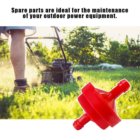 Red 4 Pack Inline Gas Fuel Filter for Lawn Mowers in foreground with lawn mower in background, 1/4 Inch, 150 Micron Replacement for OEM BS 298090S, Fits Engines Without Fuel Pumps, Durable Plastic Steel Construction.