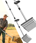 Heavy Duty Garden Pitch Fork With 18 Tines And 53 Inch Non Slip Adjustable Steel Handle, Durable Broadfork For Turning Hay