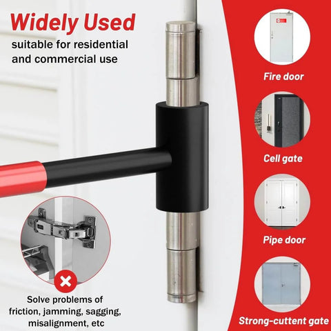 4 In 1 Door Hinge Adjustment Tool Set With Replaceable Heads For 14mm To 25mm Hinges shown aligning a metal door hinge.