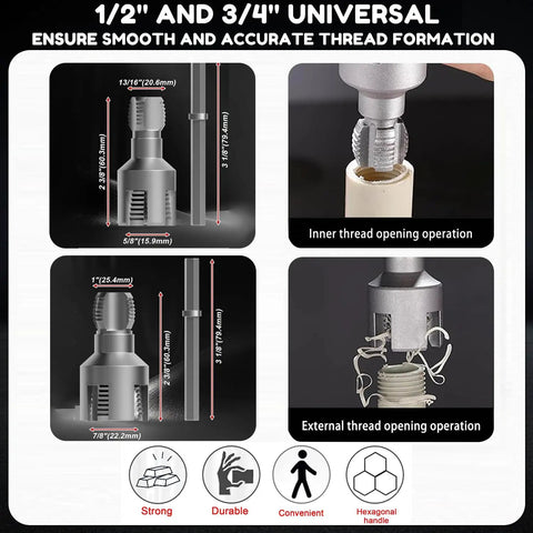 2 Piece Pipe Threader Kit With One Half And Three Quarter Inch Dies Electric Drill Compatible inner and outer thread operations