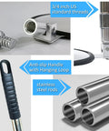 Components of the Telescoping Under Vehicle Inspection Mirror With Light For Easy Security Checks At Airports Border Crossings Sheriff Or Military Bases Go To Universal Fit For Cars And Trucks Durable Extendable Handle For Tight Spaces And Fast Inspections, highlighting US standard threads, anti-slip handle, and stainless steel rods.