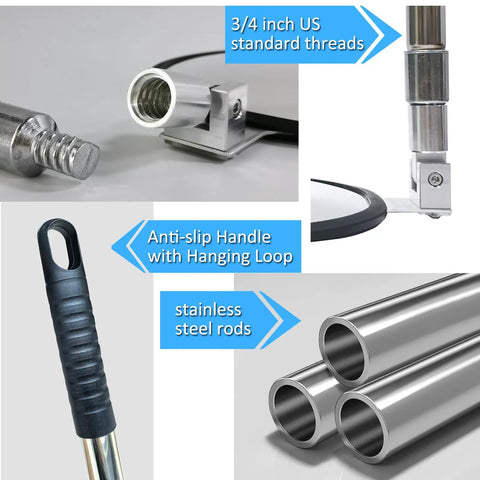Components of the Telescoping Under Vehicle Inspection Mirror With Light For Easy Security Checks At Airports Border Crossings Sheriff Or Military Bases Go To Universal Fit For Cars And Trucks Durable Extendable Handle For Tight Spaces And Fast Inspections, highlighting US standard threads, anti-slip handle, and stainless steel rods.