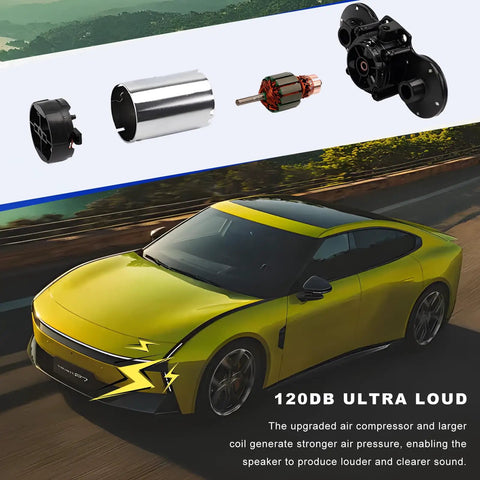 Riproaring 12V Dual Electric Air Horn Street Ready Kit components, featuring heavy-duty compressor for cars and trucks.
