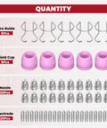 Image showing the contents of the AG60P Plasma Cutter Torch Consumables Kit With 50 Pcs Tip Nozzles And Carry Case For AG60 WSD60 AG60P And BTC500DP Pro Grade Replacement Parts Set Heavy Duty Case Included, including 5 wire guides, 5 shield cups, 20 nozzles, and 20 electrodes.