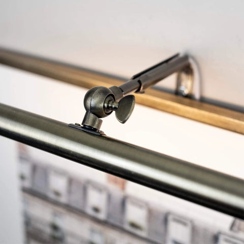 Adjustable 14 Inch LED Picture Light 4W Antique Brass Finish 3000K with decorative hinge, close-up of mounting detail.