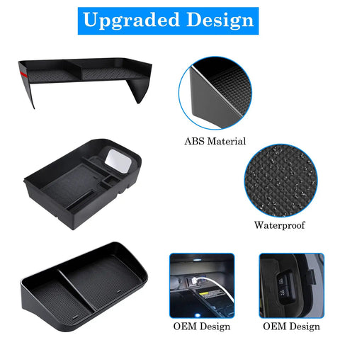 Toyota RAV4 Center Console Organizer Upgrade showing 3-piece ABS armrest and dash tray set for models 2019-2025