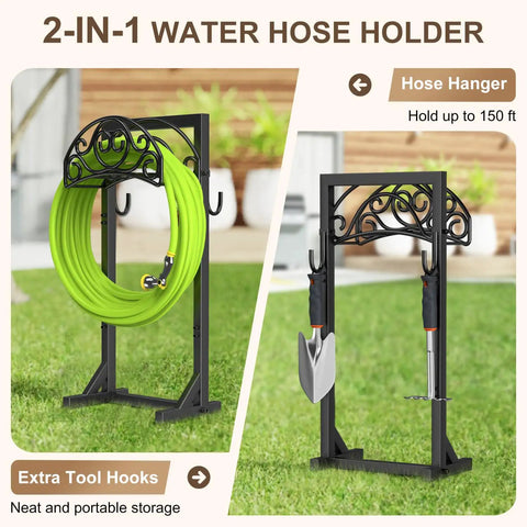 Freestanding Garden Hose Stand With Heavy Duty Water Hose Holder And Tool Hooks Four Anchoring Spikes Holds Up To 150 Ft Of Hose Rust Resistant Coating For Yard And Lawn