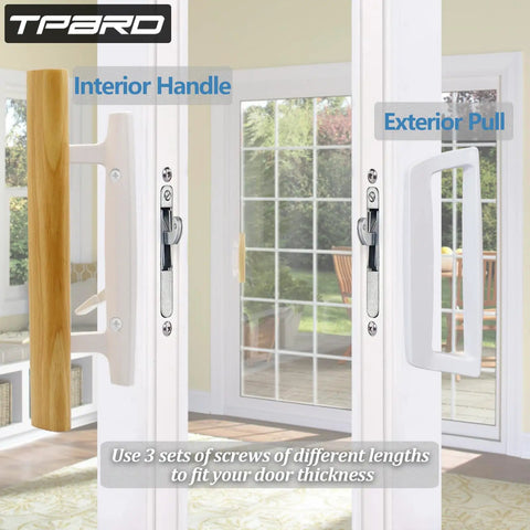 Sliding Glass Patio Door Handle Replacement Set With Oak Wood Inside Handles and Zinc Diecast Outside Pull in white finish
