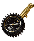 JACO Elite low-pressure tire gauge; brass body with knurled grip and black protective ring, 15 PSI