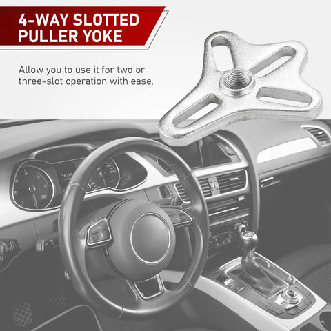 Heavy Duty Harmonic Balancer Puller Set 46 Piece Kit with 4-way slotted puller yoke on car steering wheel.