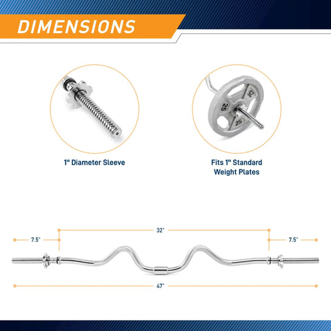 Dimensions of Two Piece Threaded Curl Bar With Chrome Spin Lock Collars For Home Gym, showing 1" diameter sleeve and 1" plates fit