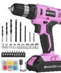 Pink Go To Cordless Drill Kit With 20V Battery And Charger 30 Nm Torque 21 Plus 1 Clutch Three Eighths Inch Keyless Chuck LED Light Driver Bits Included For Wood Metal Plastic Projects