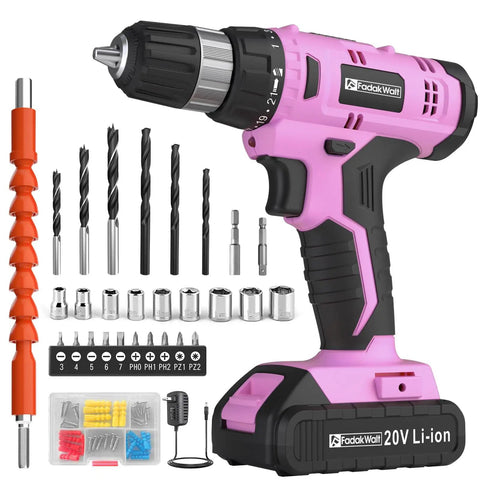 Pink Go To Cordless Drill Kit With 20V Battery And Charger 30 Nm Torque 21 Plus 1 Clutch Three Eighths Inch Keyless Chuck LED Light Driver Bits Included For Wood Metal Plastic Projects
