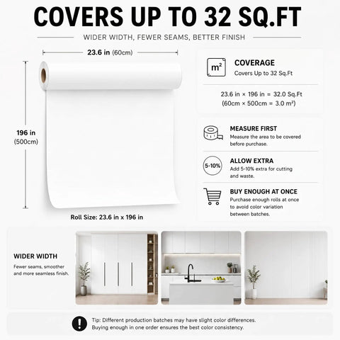 White Peel And Stick Contact Paper 23.6x196 SelfAdhesive Vinyl Film For Cabinets, Walls, Old Furniture Thick Durable Removable Wallpaper Drawer Liner Countertop Protector Kitchen Makeover DIY Decor displayed with coverage area and application guide.
