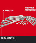 Beefy 20 Piece Metric Combination Wrench Set With 12 Point Box End And 15 Degree Offset, Corrosion Resistant Full Polish Chrome Finish shown