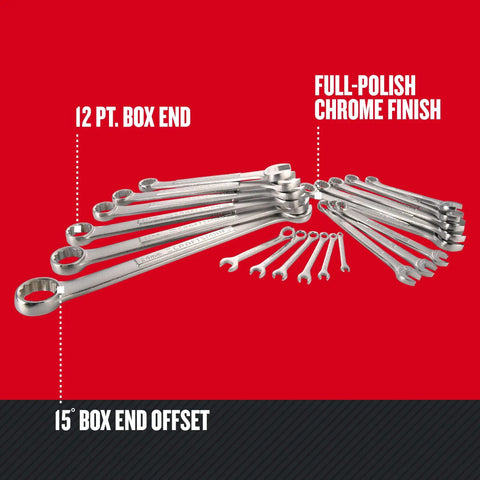 Beefy 20 Piece Metric Combination Wrench Set With 12 Point Box End And 15 Degree Offset, Corrosion Resistant Full Polish Chrome Finish shown