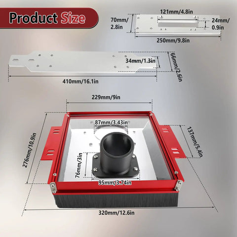 Product dimensions of Dust Collection Router Sled Kit For Slab Flattening With 20mm Rails And SBR20UU SCS20UU Slides, acrylic base plate.