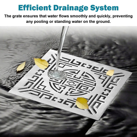 Heavy Duty Square Outdoor Drain Grate With Frame Brushed 304 Stainless Steel Catch Basin Cover with water and leaves.