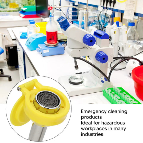 Wall Mounted Emergency Eye Wash Station With Aerated Spray in laboratory setting, close-up of yellow aerated spray nozzle.
