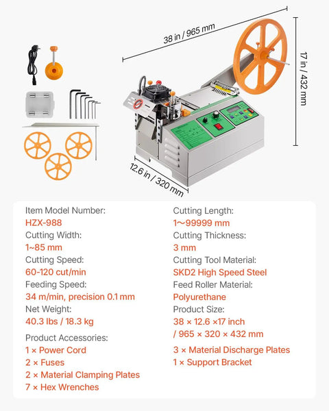 Pro Grade Automatic Webbing Cutting Machine With Adjustable Temperature And LCD Display shown with specs and accessories
