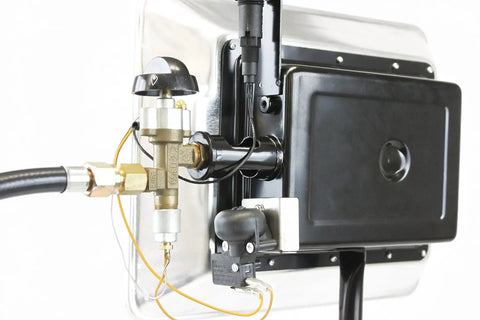 Back view of GS4200EP 13,000 BTU Propane Tank Top Heater, showing connections and safety features, used for outdoor and jobsite heating.