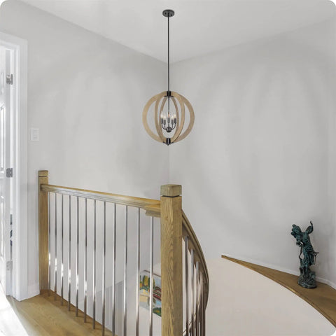 23 Inch 5 Light Modern Farmhouse Rustic Armillary Pendant Chandelier With Sphere Orb In White Ash Wood Finish And Galvanized Steel Finish Perfect For Dining Room Living Room Or Entryway Lighting installed in a hallway