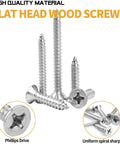 Flat head wood screws in various sizes, made from Built Tough 304 Stainless Steel for heavy duty projects.