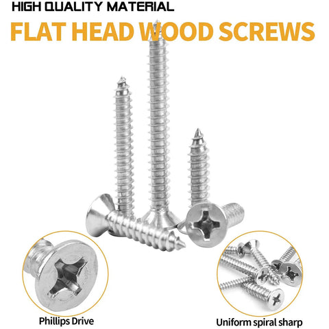Flat head wood screws in various sizes, made from Built Tough 304 Stainless Steel for heavy duty projects.