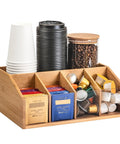 Bamboo Coffee Station Organizer With Clear Acrylic Tray Five Compartment Design For Tea Bags Condiments Pods Creamer Syrup And Cups