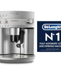 Premium Super Automatic Espresso And Coffee Maker With Integrated Burr Grinder Bean To Cup Brewing Silver Model front view with control panel.