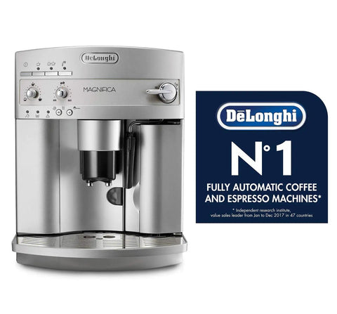 Premium Super Automatic Espresso And Coffee Maker With Integrated Burr Grinder Bean To Cup Brewing Silver Model front view with control panel.