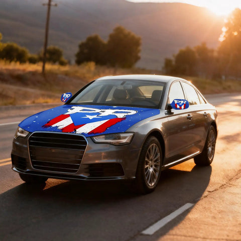Puerto Rico Flag PR Letters And Starry Design Car Hood And Mirror Cover Set 4x5.25 Ft Stretchable Fit Windproof Fade Resistant for sedan