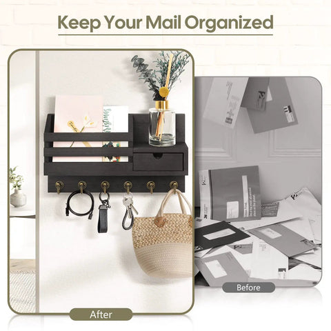 Wall Mounted Key And Mail Organizer With Six Hooks And A Storage Drawer Easy Install Entryway Decor Neat Black Finish