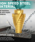 Close-up of titanium-coated HSS step drill bit in action, showing size gradations for metal drilling.