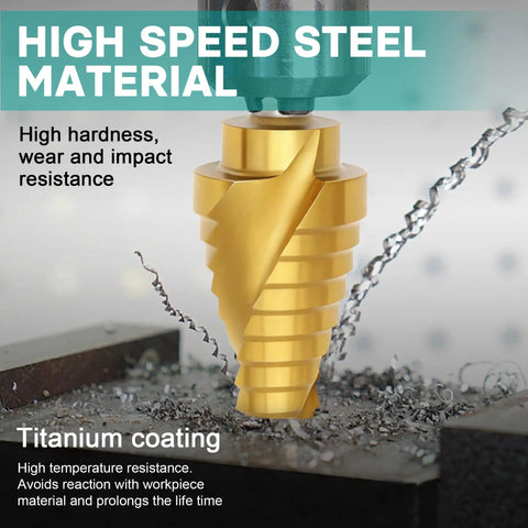 Close-up of titanium-coated HSS step drill bit in action, showing size gradations for metal drilling.
