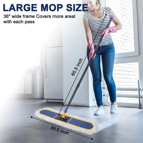 36 Inch Commercial Dust Mop With Heavy Duty Long Handle Pro Grade Industrial Dry Mop For Hardwood Tile Concrete And Garage Floors Large Cotton Reusable Mop Head Durable Blue Mop For Quick Cleanups in use