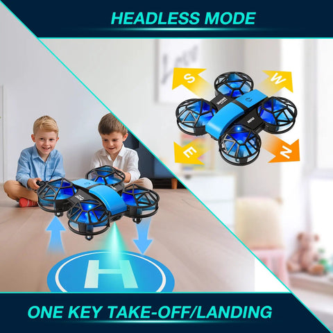 Boys playing with Mini Kids Drone For Indoors And Outdoors RC Quadcopter with Propeller Guards LED Lights for Night Flights in blue.