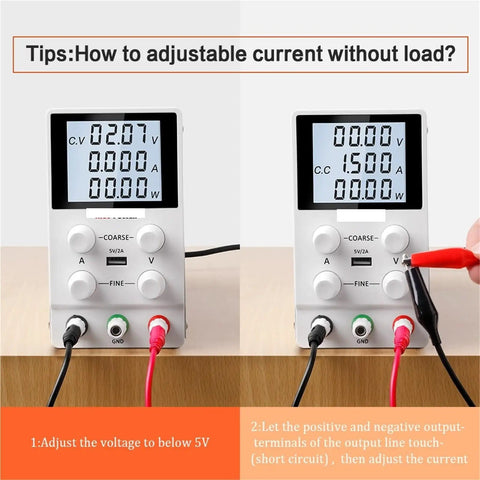 Close-up of dual adjustable AC DC bench power supply with four-digit LED display showing voltage adjustments on wooden surface.