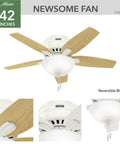42 Inch Indoor Ceiling Fan With LED Light Fresh White Finish Low Profile Hugger Mount 5 Blade Bedroom Or Living Room Pull Chain Operation