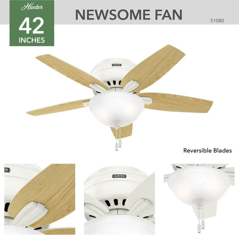 42 Inch Indoor Ceiling Fan With LED Light Fresh White Finish Low Profile Hugger Mount 5 Blade Bedroom Or Living Room Pull Chain Operation