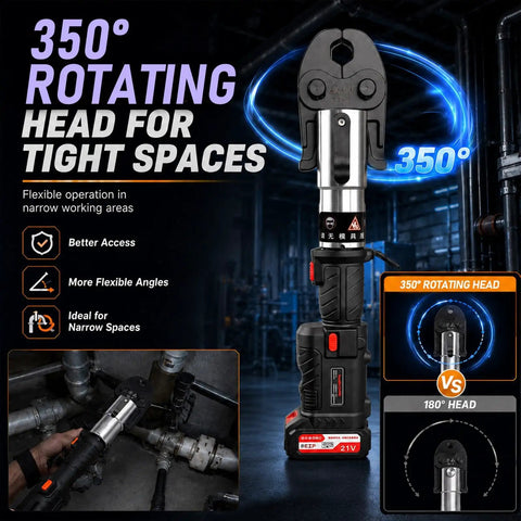 60KN Electric Copper Pipe Crimping Tool, Fast Mini Press Machine For Plumbing Jobs with 350° rotating head for tight spaces.