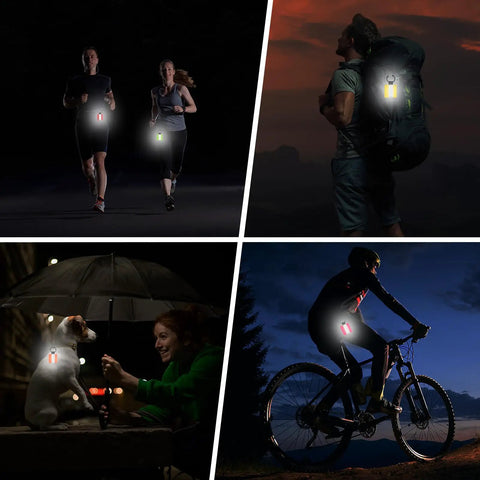 Four Pack Fluorescent Green Reflective Safety Pendants for night running, hiking, dog walking, and cycling, enhancing visibility.