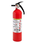 Red fire extinguisher with instructions, part of the Two In One Smoke And Carbon Monoxide Detector With AA Battery Power And LED Warning Indicators Plus Home Fire Extinguisher With Mounting Bracket Included For Easy Safety Upgrades.
