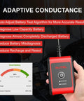BT506 Car Battery Tester With Adaptive Conductance For 6V And 12V Batteries, Reads 100-2000CCA And Tests Flooded, AGM, AGM Spiral, EFB And GEL Packs, Plug-And-Play Go-To Tool For CCA, CA, SAE, EN, IEC, DIN Standards, Fast Accurate Diagnostics, handheld red tester in hand