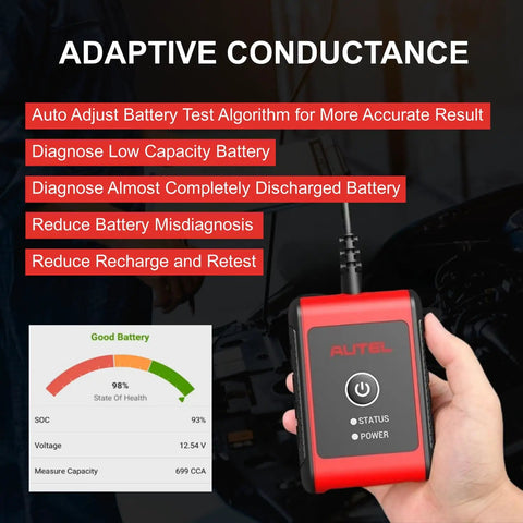 BT506 Car Battery Tester With Adaptive Conductance For 6V And 12V Batteries, Reads 100-2000CCA And Tests Flooded, AGM, AGM Spiral, EFB And GEL Packs, Plug-And-Play Go-To Tool For CCA, CA, SAE, EN, IEC, DIN Standards, Fast Accurate Diagnostics, handheld red tester in hand