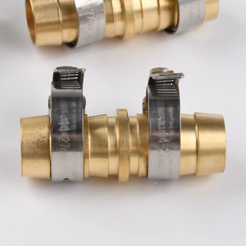 Two brass hose joiners (front view) with stainless steel clamps; barbed garden hose repair couplers